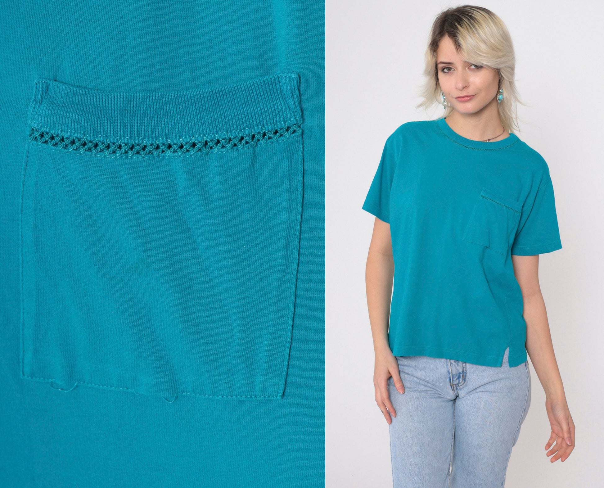 90s Liz Claiborne Turquoise T-Shirt Chest Pocket Cutout Crewneck Small