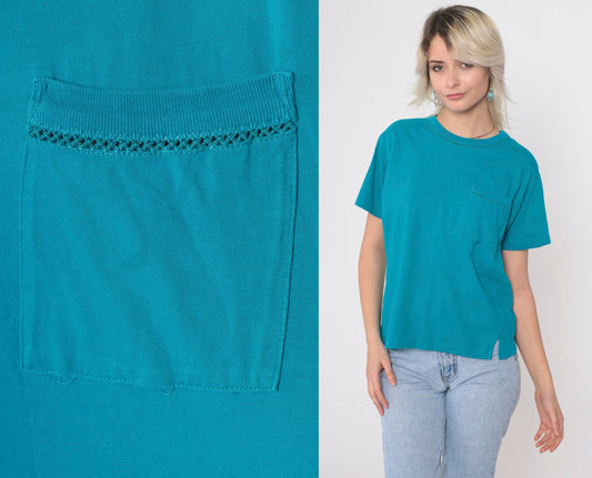 90s Liz Claiborne Turquoise T-Shirt Chest Pocket Cutout Crewneck Small