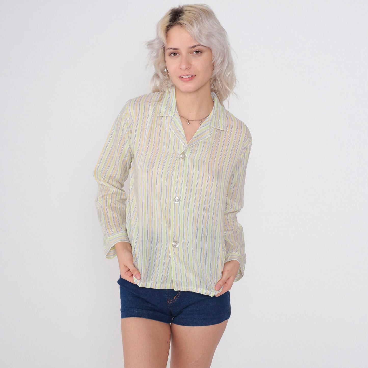 70s Striped Button-Up Shirt Lime Green Yellow Blue Collar Long Sleeve Small