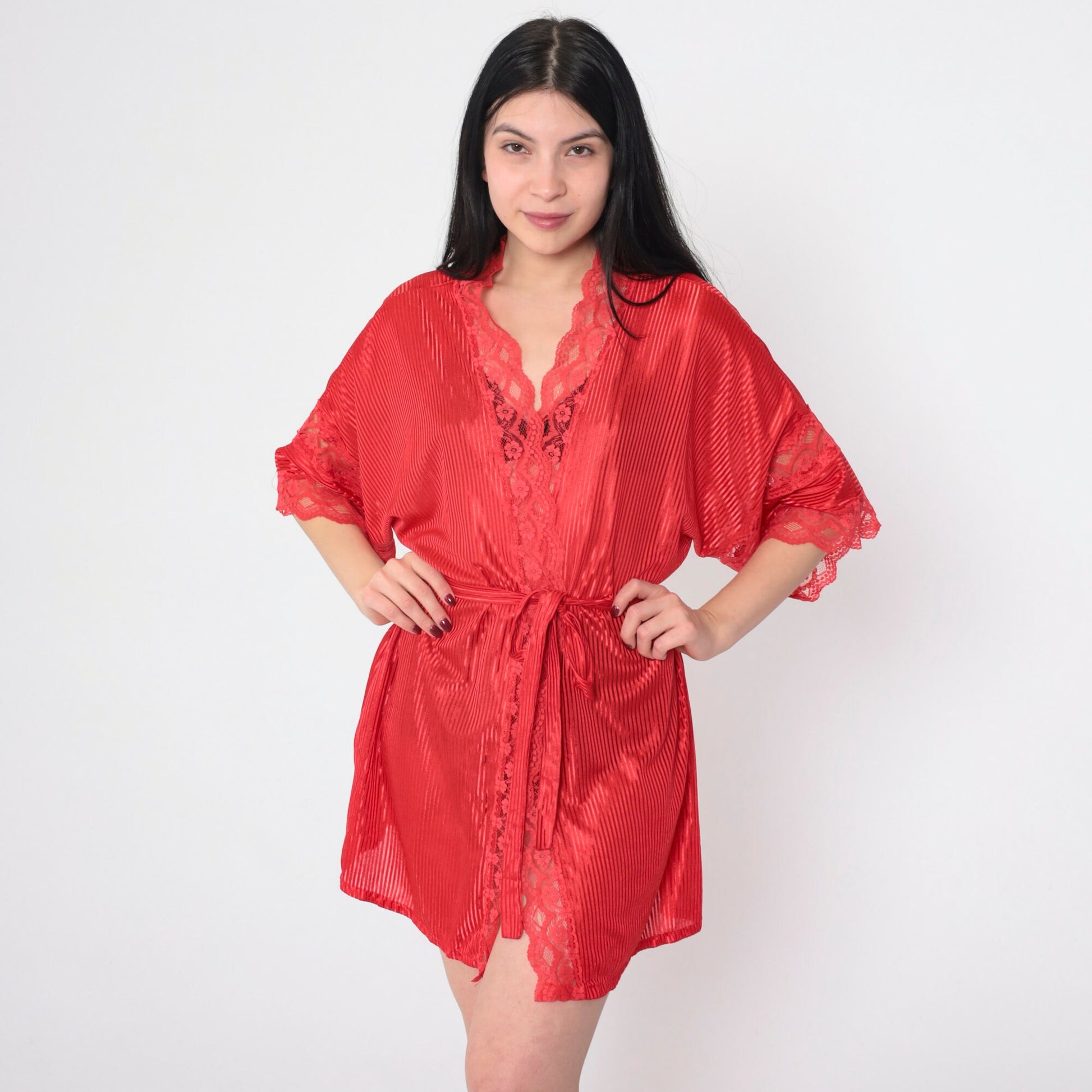 90s Fredericks of Hollywood Red Lace Striped Tie-Front Robe Mini Medium M