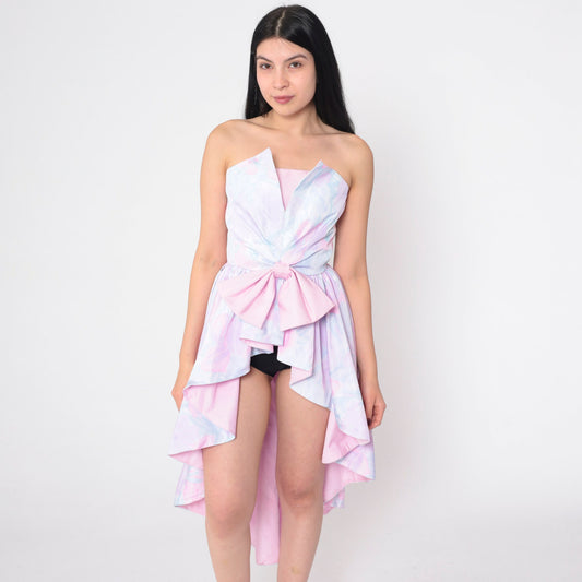 80s Strapless Waterfall Hem Dress Pastel Pink Purple Floral Bow Extra Small