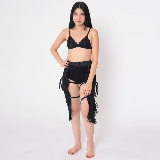 90s Black Suede Fringe Chaps Capri Length Concho Leg Straps Extra Small Medium