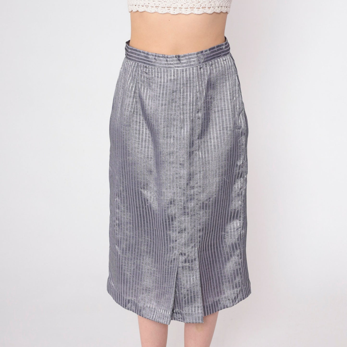 70s Pinstriped Grey Midi Pencil Skirt High Waisted Pleated Small