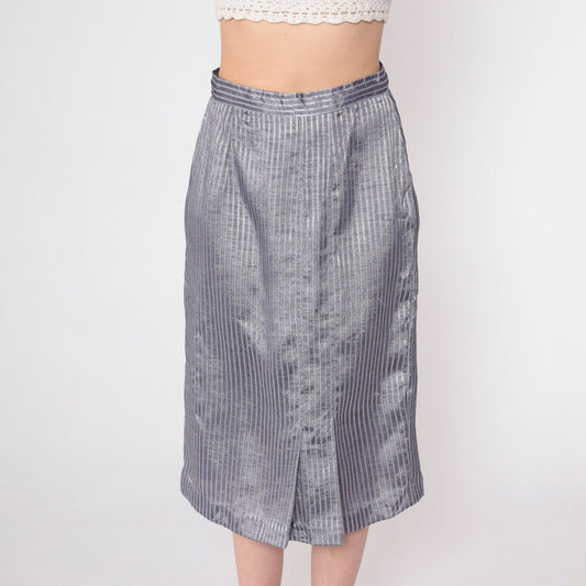 70s Pinstriped Grey Midi Pencil Skirt High Waisted Pleated Small