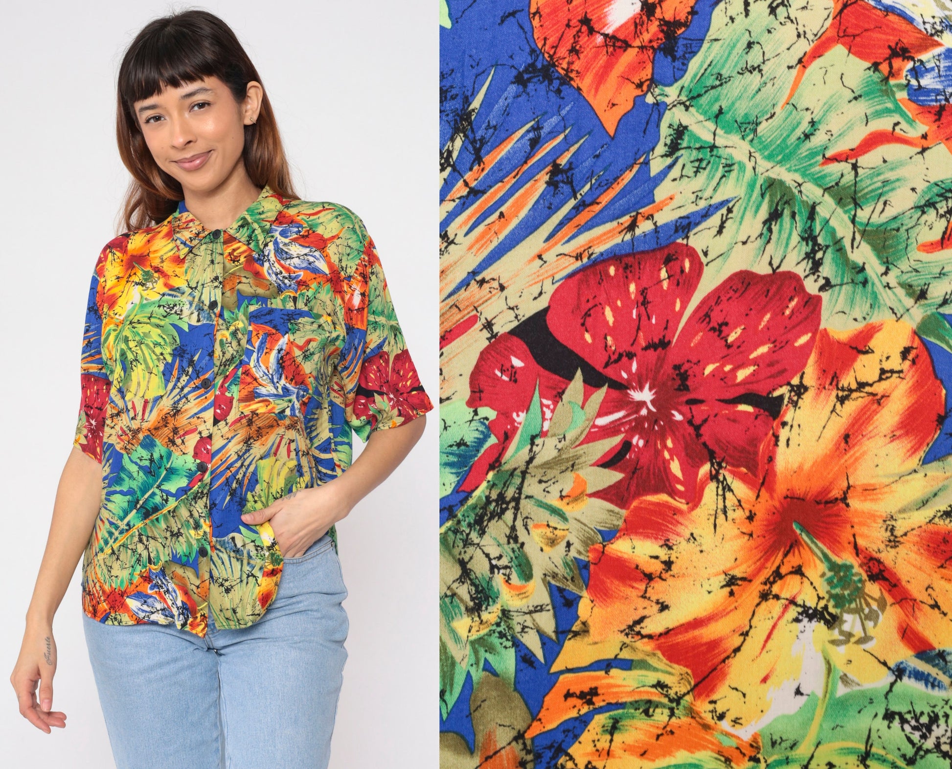 90s Tropical Floral Button-Up Blouse Red Black Marbled Print Short Sleeve Small