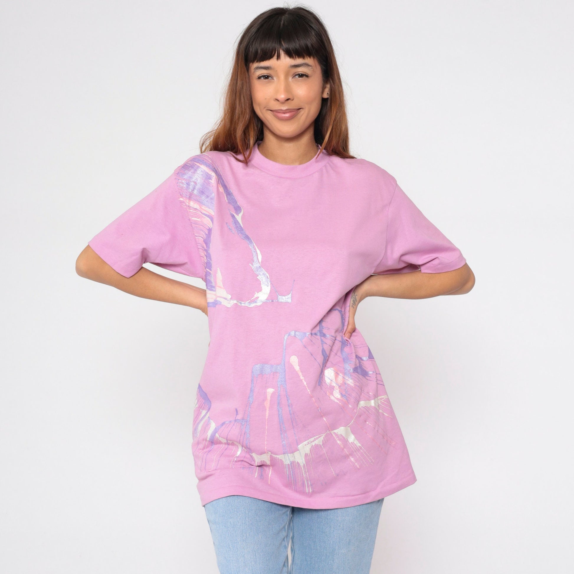 90s Pink Metallic Paint Splatter Graphic T-Shirt Single Stitch Large L