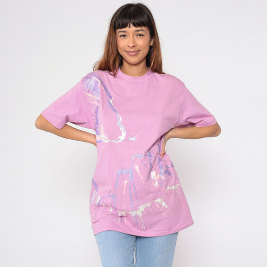 90s Pink Metallic Paint Splatter Graphic T-Shirt Single Stitch Large L