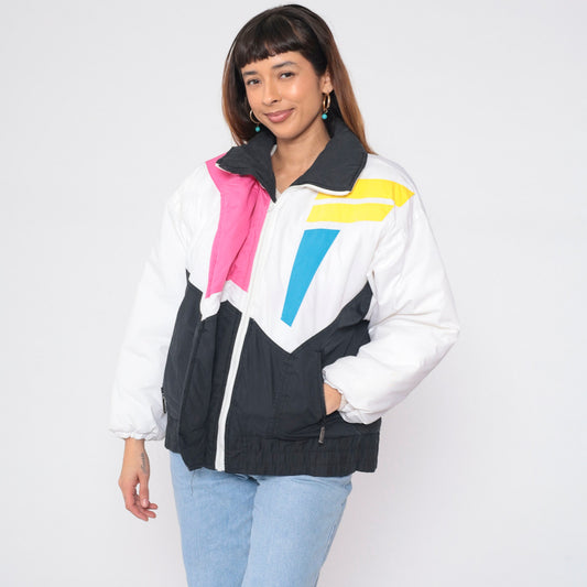 80s Geometric Colour Block Puffer Ski Jacket Black White Blue Pink Yellow Medium