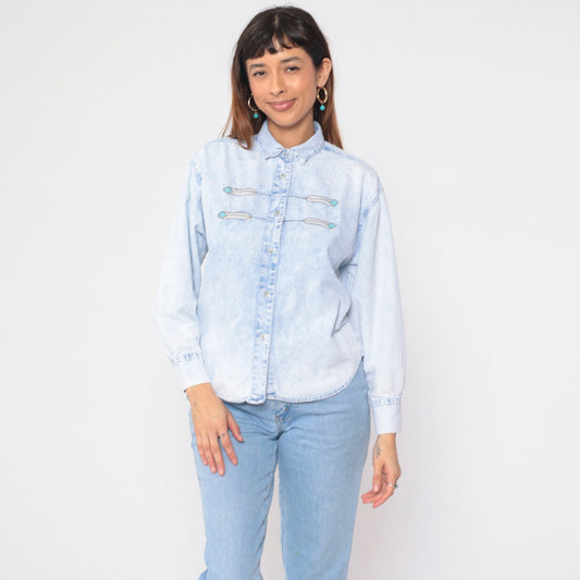 90s Jordache Denim Shirt Light Blue Embroidered Feather Southwestern Button Up Medium