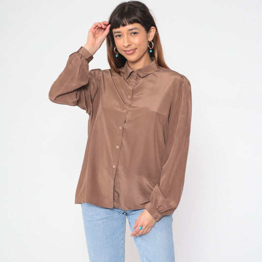 80s Regina Porter Puff Sleeve Blouse Mocha Brown Button Up Shirt Large