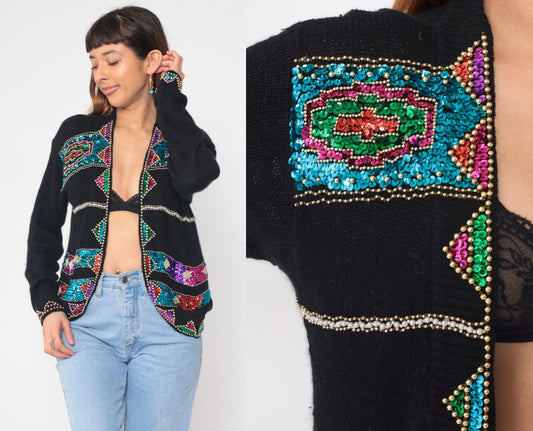 90s Cristina Black Silk Angora Cardigan Sequin Beaded Geometric Small S
