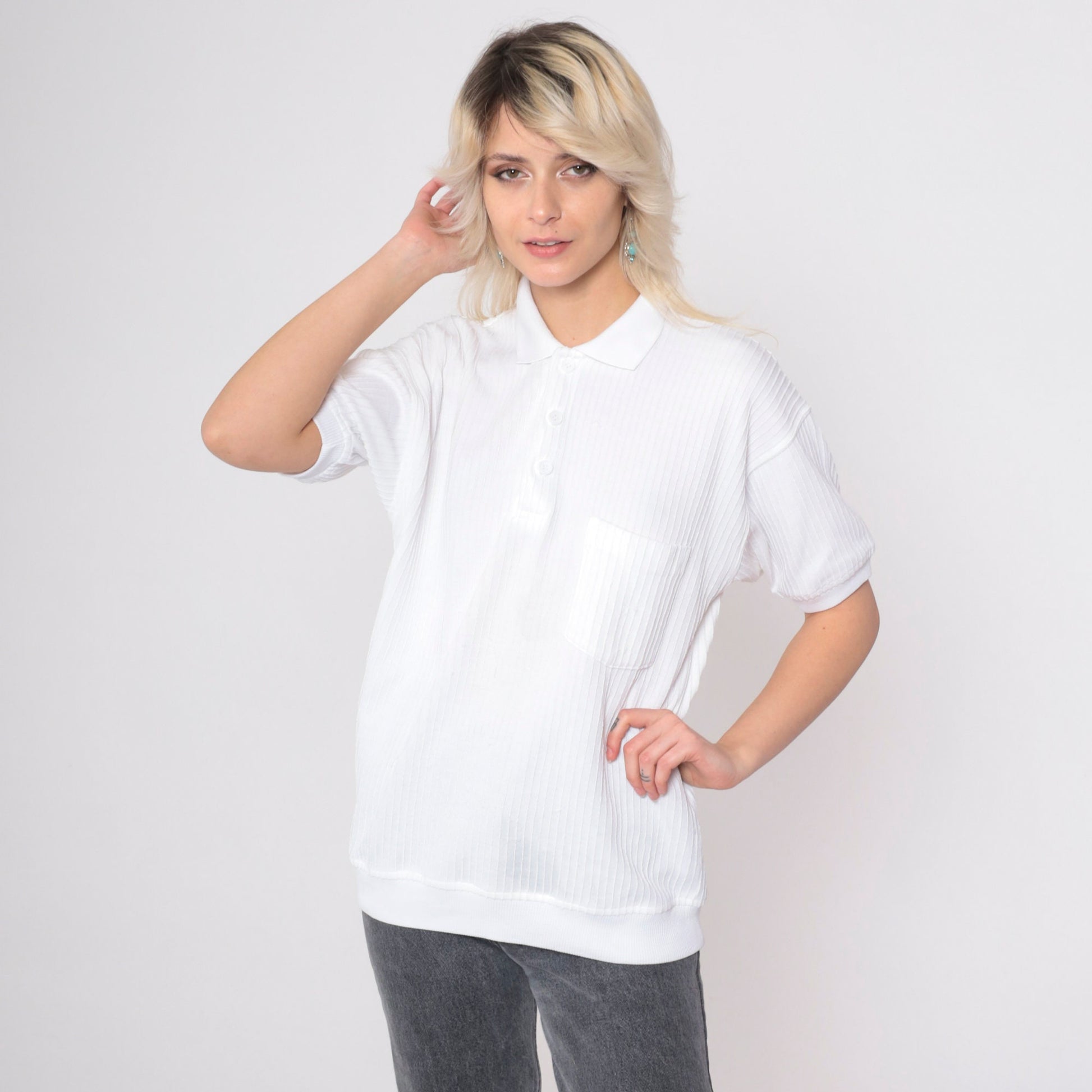80s White Ribbed Polo Shirt Button Up Chest Pocket Collared Medium