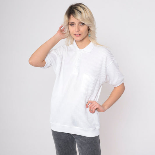 80s White Ribbed Polo Shirt Button Up Chest Pocket Collared Medium