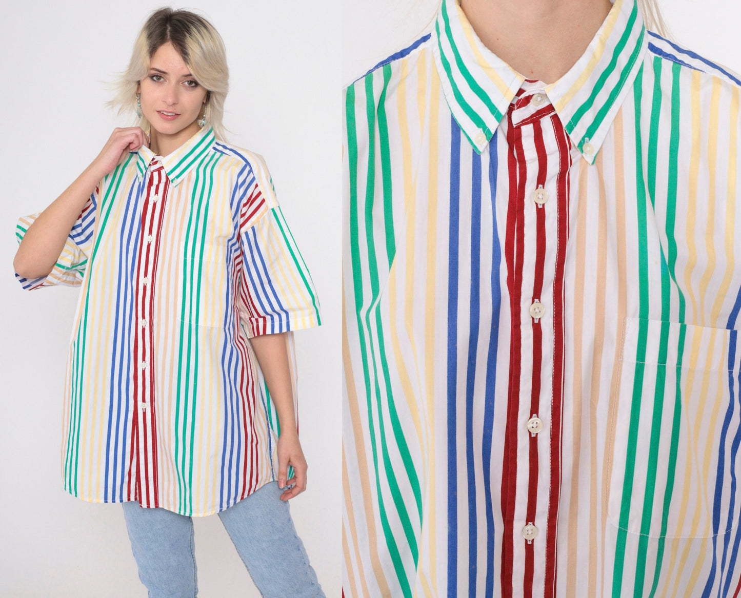 90s Van Heusen Striped Button-Up Shirt Multicolour Short Sleeve Men's Large