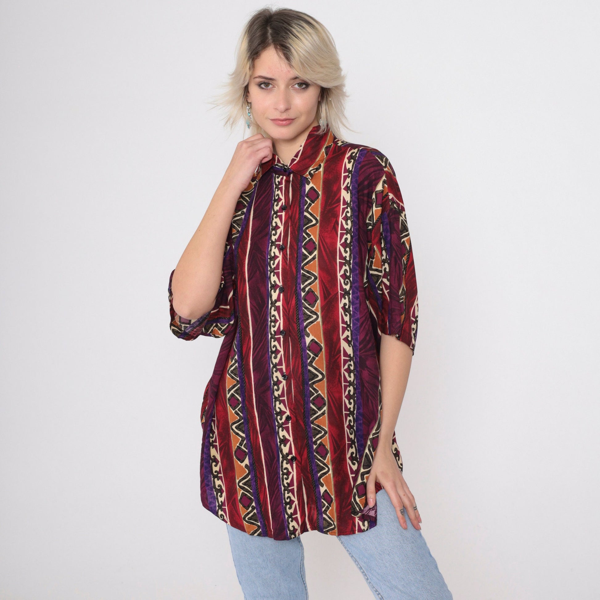 90s Geometric Zig Zag Button Up Shirt Rayon Red Purple Diamond Large L