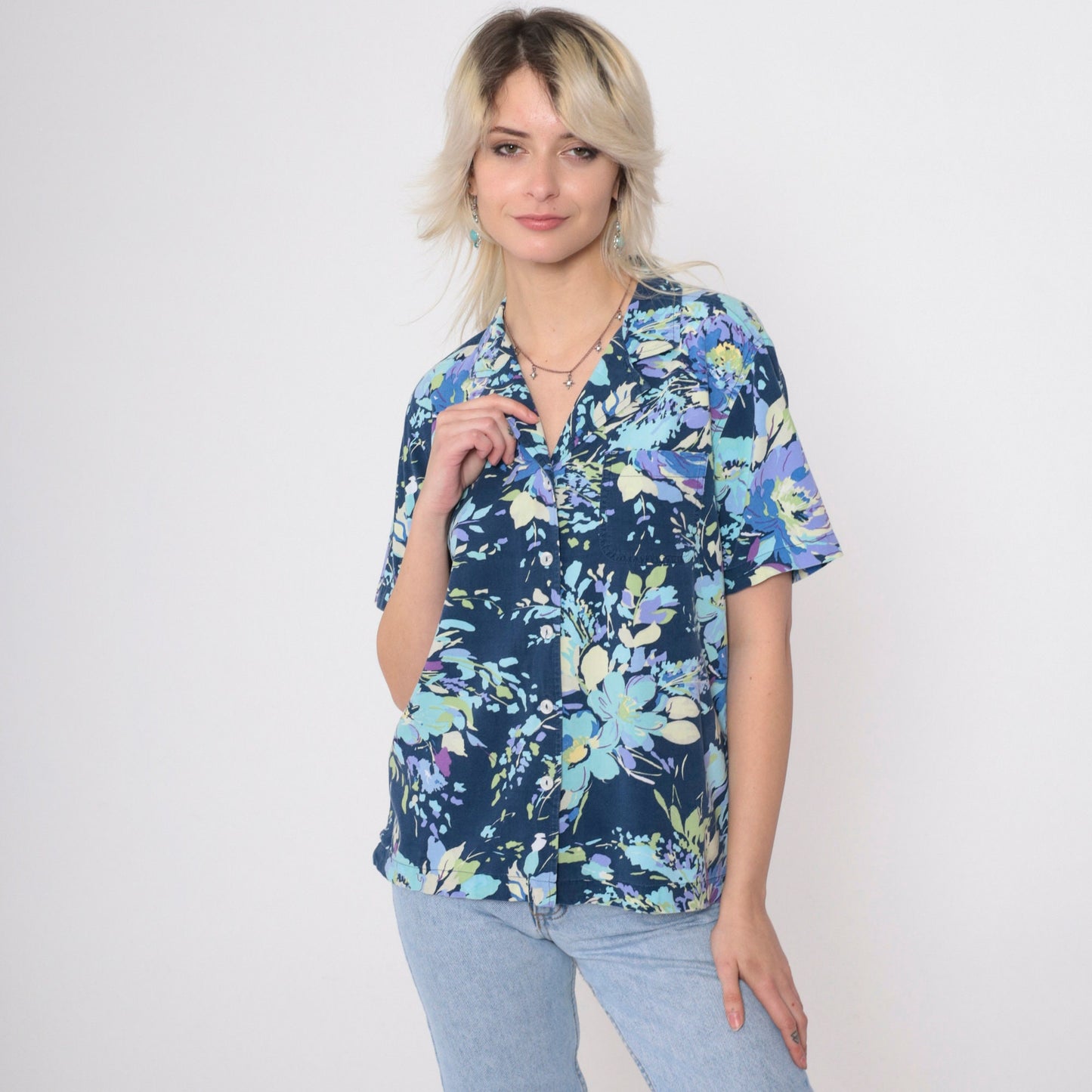 90s Floral Blouse Dark Blue Short Sleeve Button Up Shirt Medium