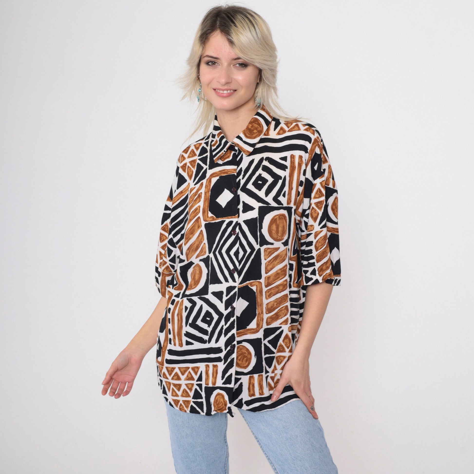 90s Kathie Lee Plus Geometric Safari Print Button Up Blouse Brown Black Extra Large XXL