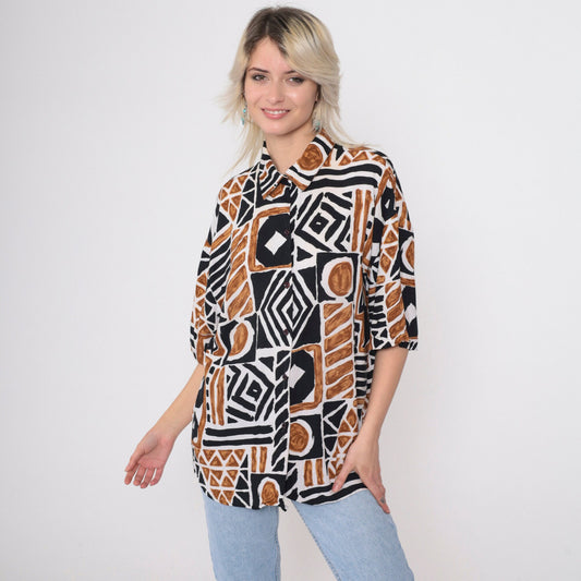 90s Kathie Lee Plus Geometric Safari Print Button Up Blouse Brown Black Extra Large XXL