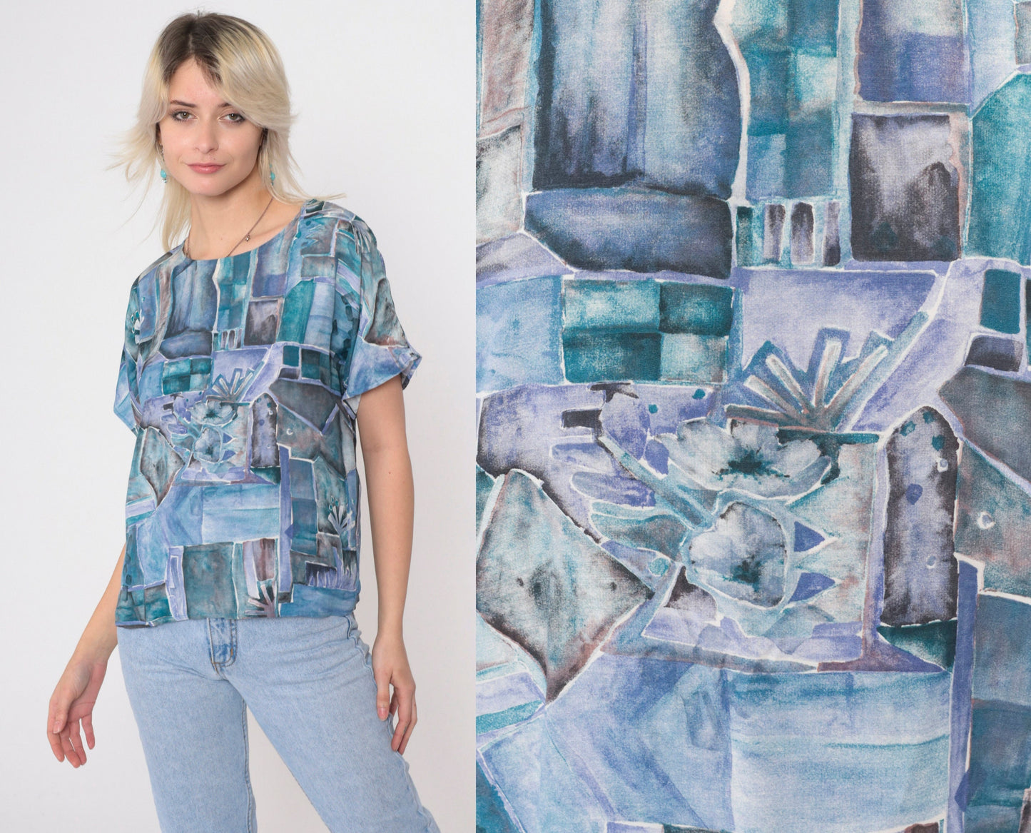 90s Susan Burrowes Watercolor Geometric Blouse Blue Short Sleeve Petite 6