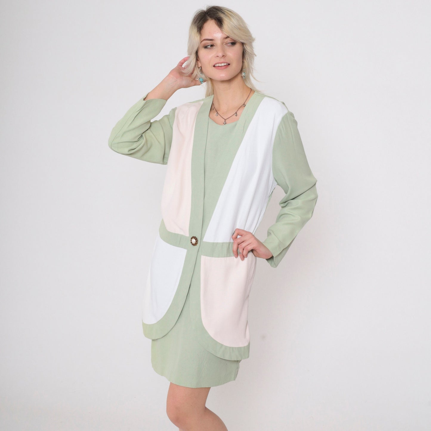 90s Sage Green Cream Colorblock Shift Dress Long Sleeve Midi Small 6