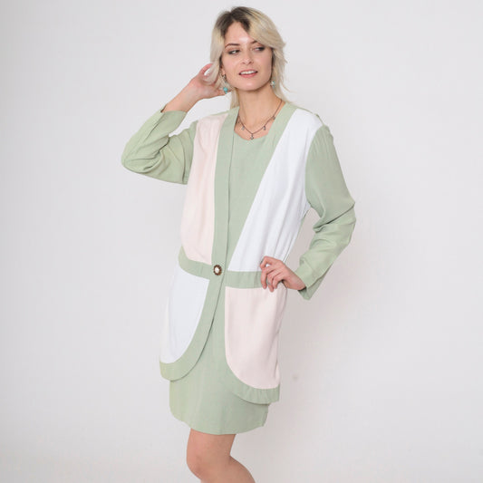 90s Sage Green Cream Colorblock Shift Dress Long Sleeve Midi Small 6