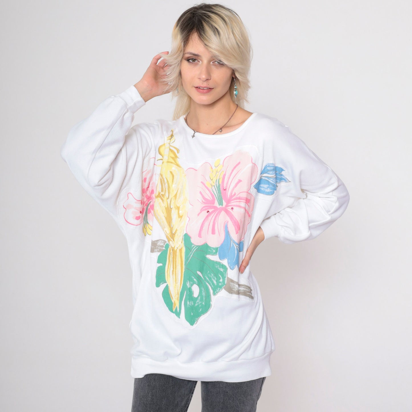 90s Tropical Bird Sequin Sweatshirt White Dolman Sleeve Graphic Large L