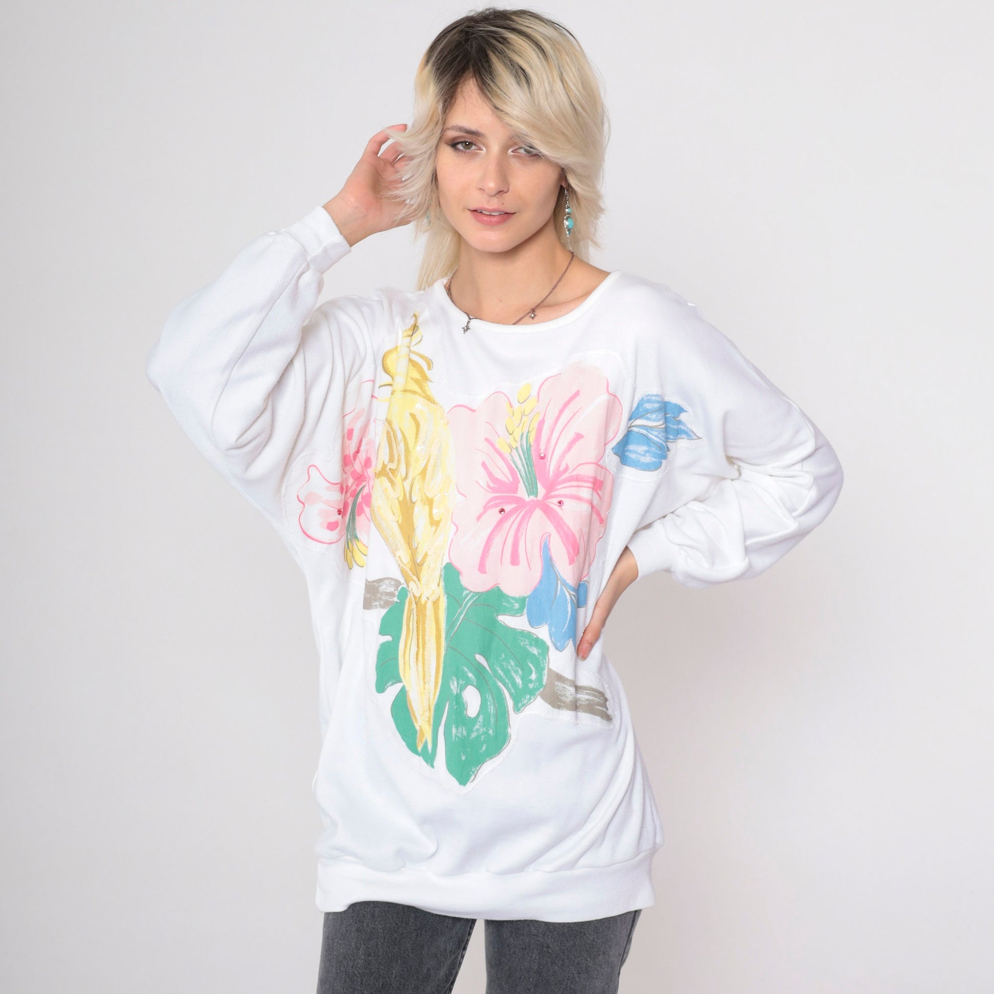 90s Tropical Bird Sequin Sweatshirt White Dolman Sleeve Graphic Large L