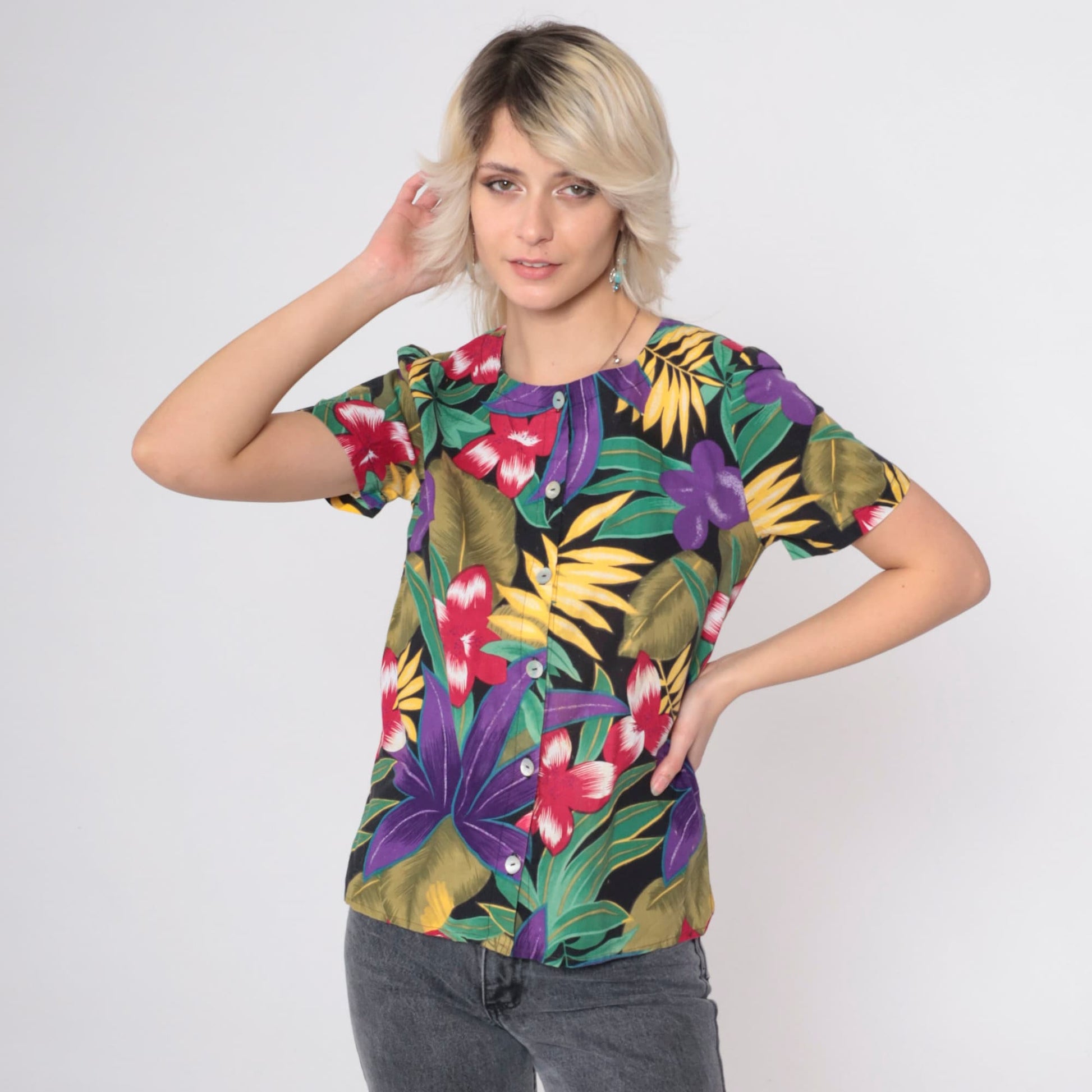 90s Tropical Floral Button-Up Blouse Black Botanical Print Short Sleeve Small