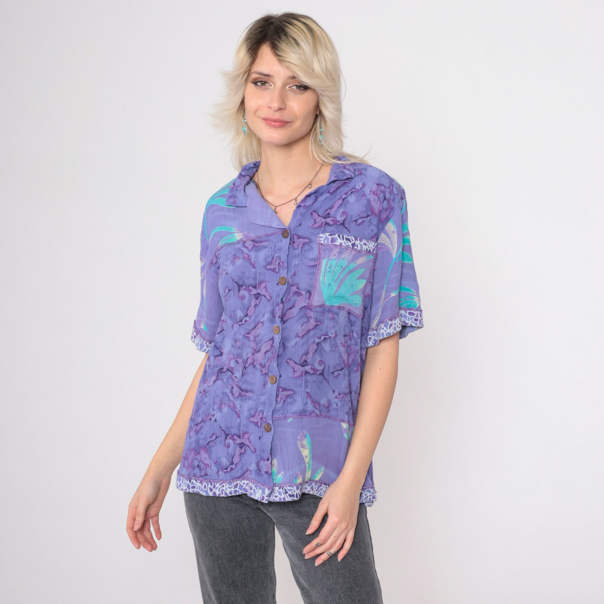 90s Tie Dye Button Up Shirt Purple Abstract Floral Rayon Medium