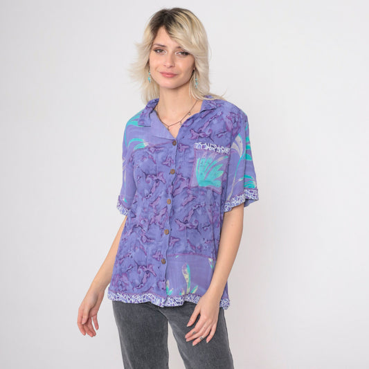 90s Tie Dye Button Up Shirt Purple Abstract Floral Rayon Medium