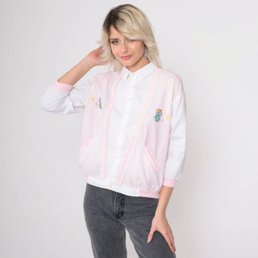 80s Rozzi Checkered Teddy Bear Button-Up Blouse with Attached Vest Pink White Medium