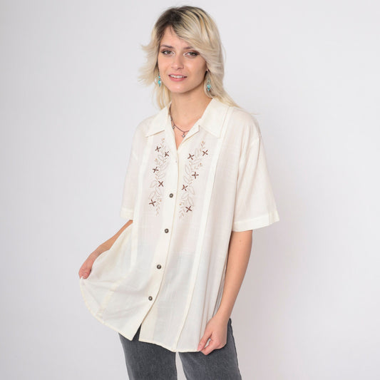 80s Jantzen Classics Floral Embroidered Cream Blouse Beaded Collar Medium M