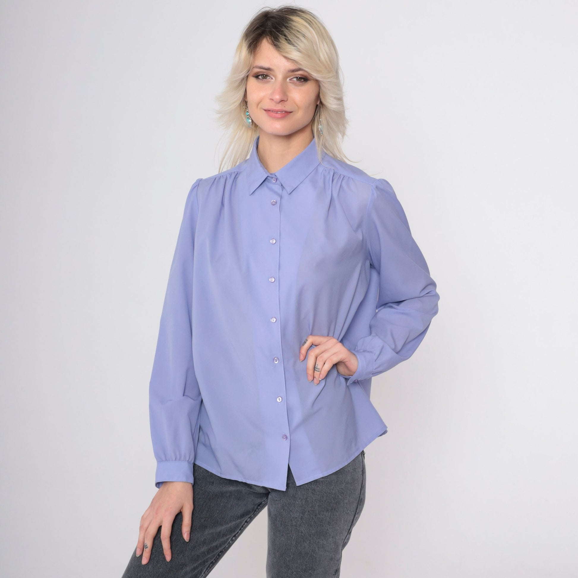 80s Periwinkle Puff Sleeve Button-Up Blouse Collared Shirt Large 14