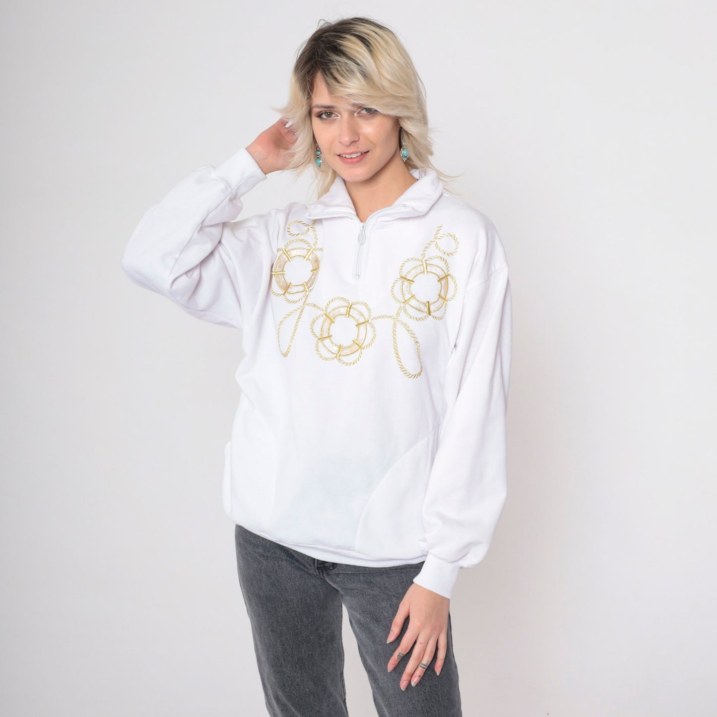 90s Sailor Sweatshirt White Gold Embroidered Lifebuoy Quarter Zip Medium