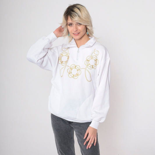 90s Sailor Sweatshirt White Gold Embroidered Lifebuoy Quarter Zip Medium