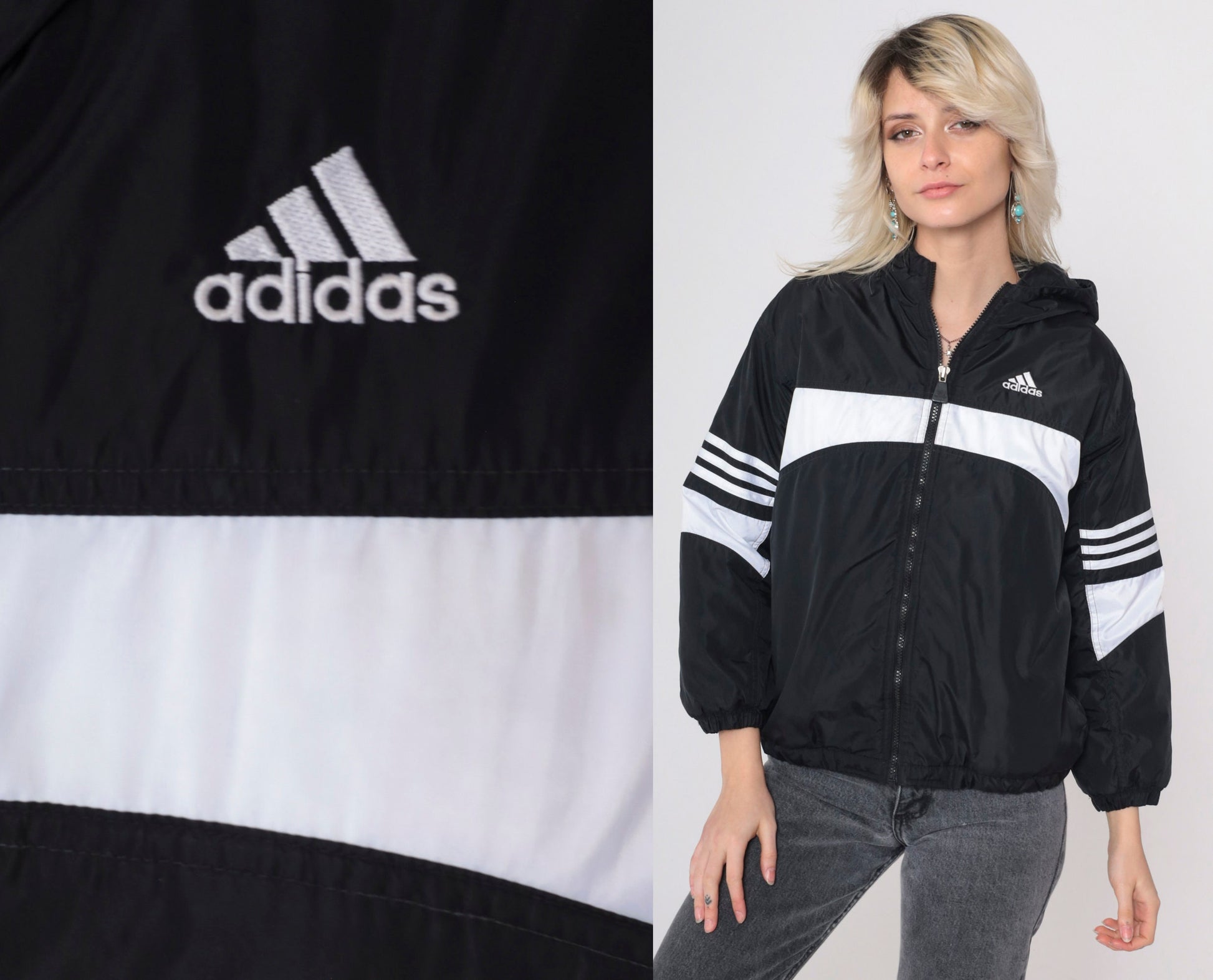 90s Adidas Hooded Windbreaker Black White Striped Nylon Jacket Medium