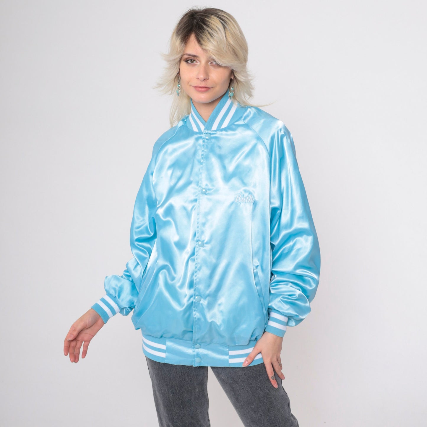 80s Winterhaven RV Resort Satin Bomber Jacket Baby Blue Roadrunner Extra Large