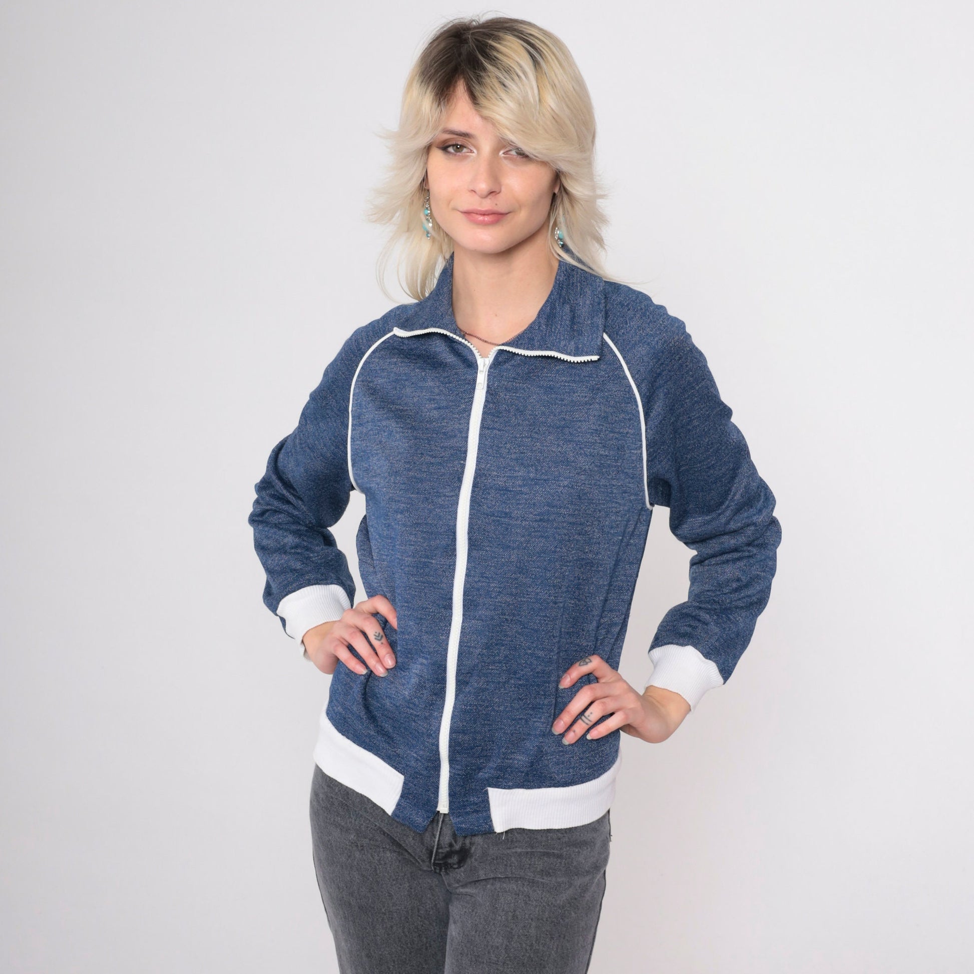 80s Heather Blue Track Jacket Zip Up Raglan Sleeve Medium