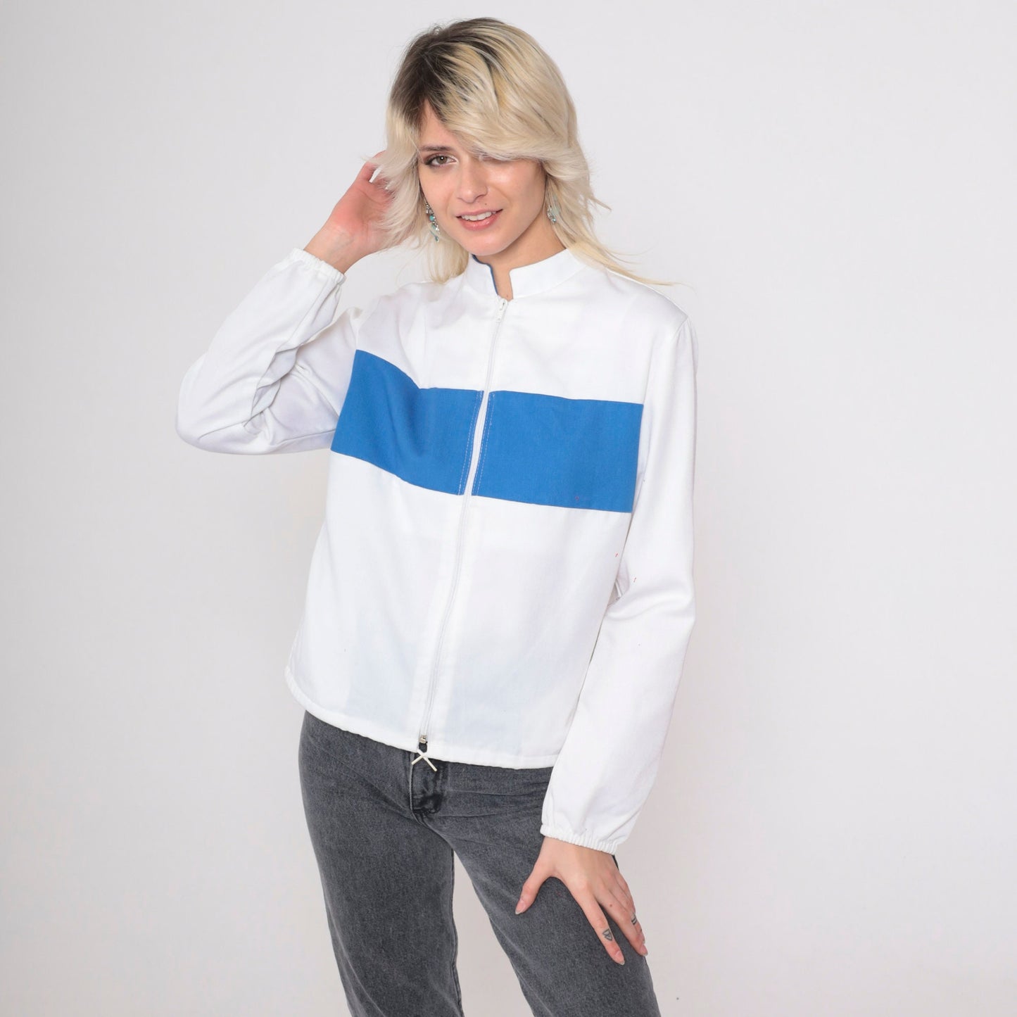 80s Miss USA Windbreaker White Blue Stripe Stand Collar Zip Jacket Small