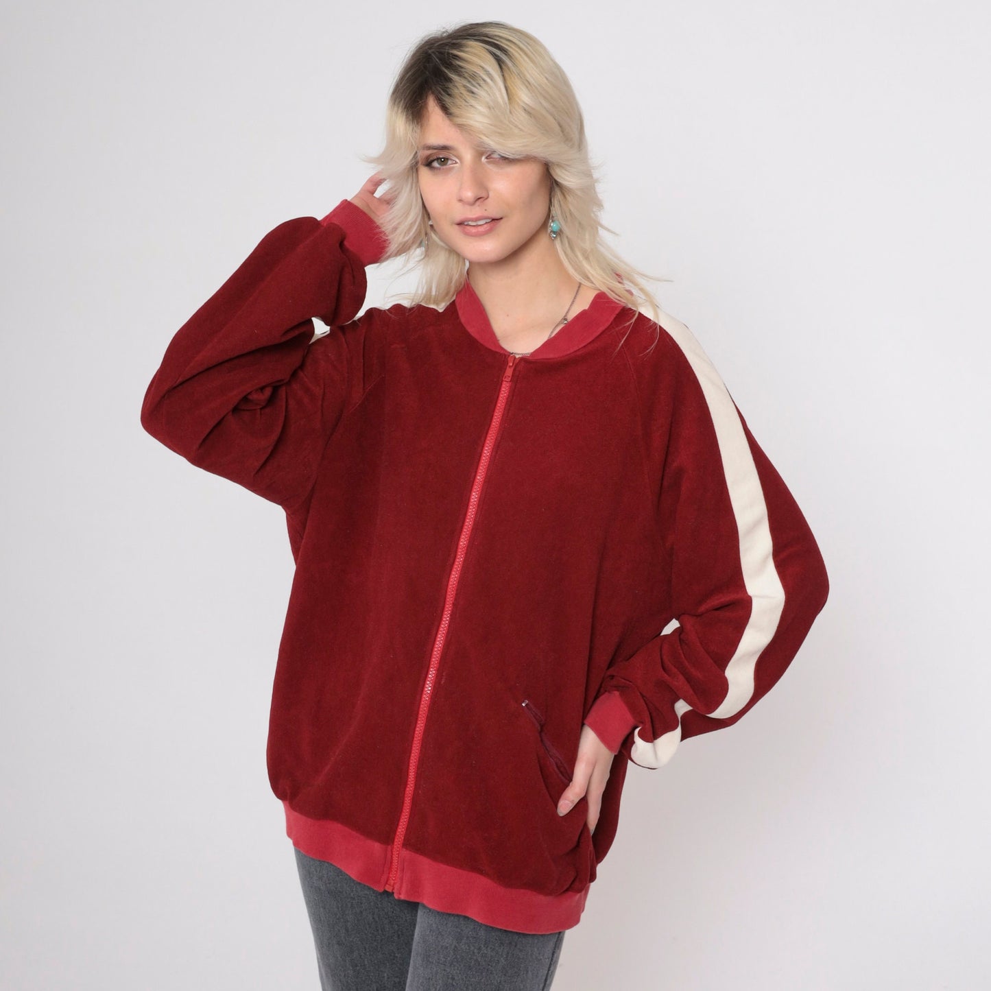 80s Lee Velour Track Jacket Burgundy Striped Zip Up Extra Large XL