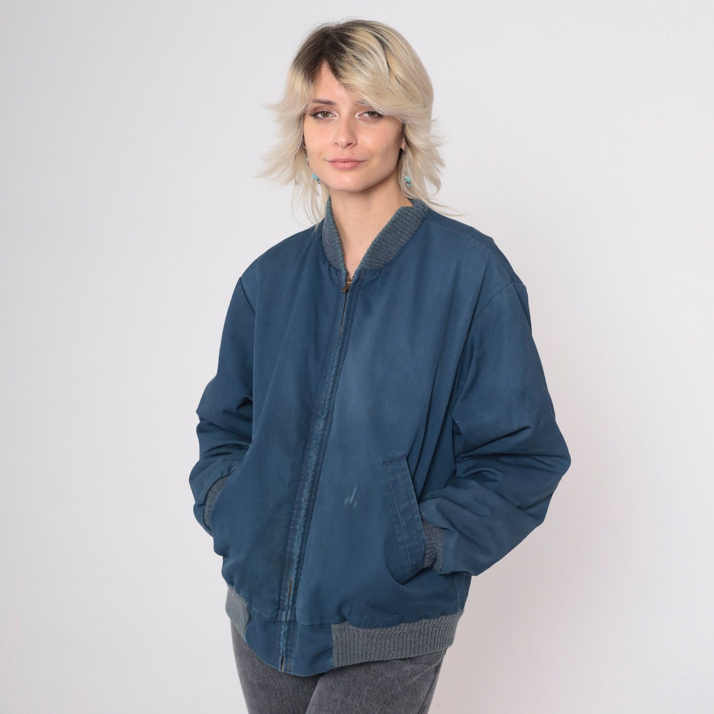 80s Navy Windbreaker Jacket Red Quilted Lining Zip Bomber Medium