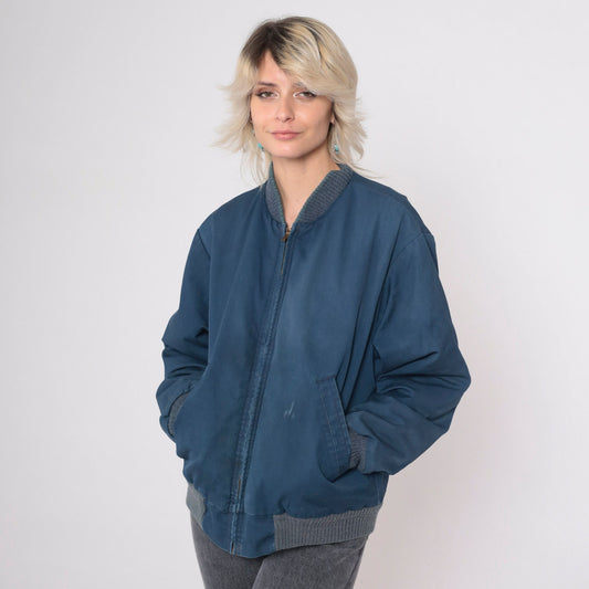 80s Navy Windbreaker Jacket Red Quilted Lining Zip Bomber Medium
