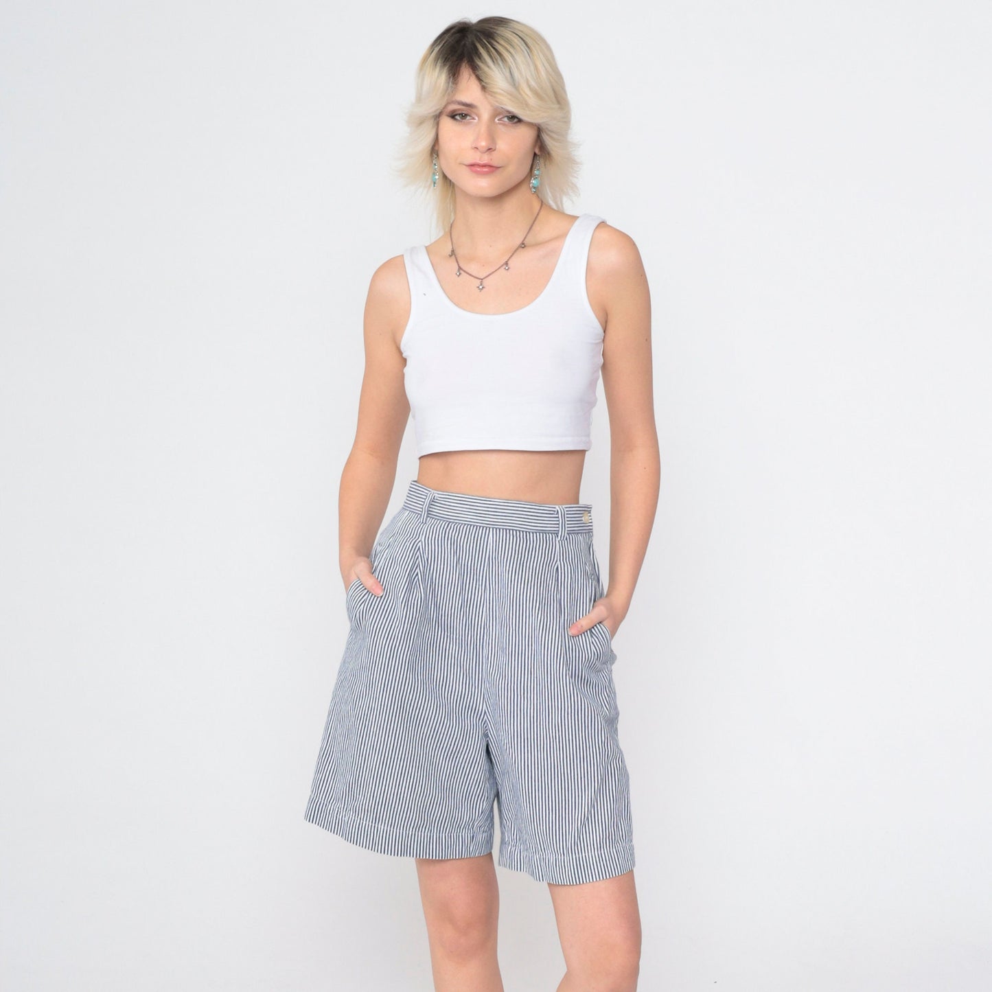 90s Pinstriped High-Waisted Pleated Shorts White Blue Small