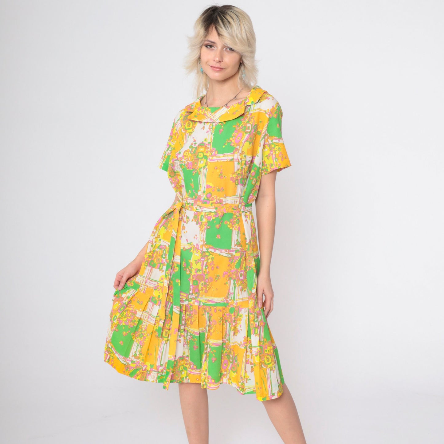 60s Psychedelic Patchwork Shift Dress Geometric Print Pleated Midi Large