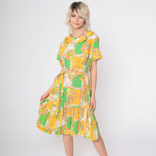 60s Psychedelic Patchwork Shift Dress Geometric Print Pleated Midi Large