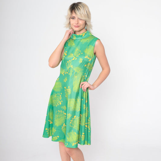 70s Emilio Borghese Abstract Floral Dress Green Mock Neck Midi Small Medium