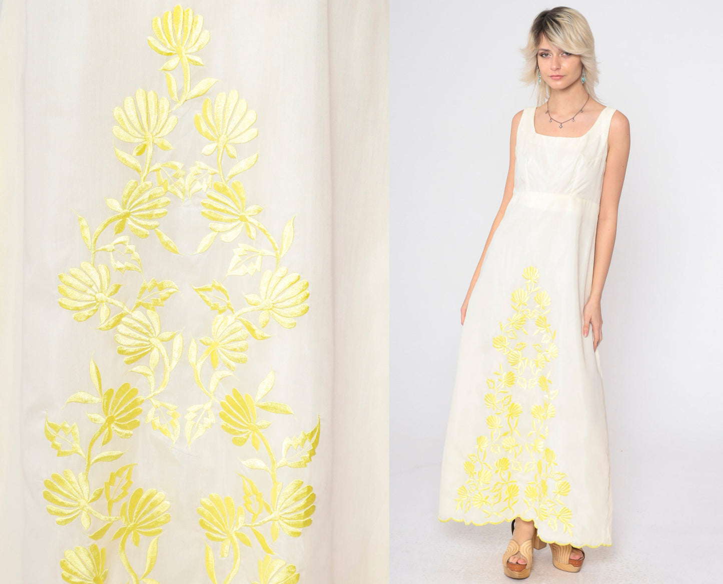 70s Floral Embroidered Maxi Dress Cream Sleeveless High Waist Small