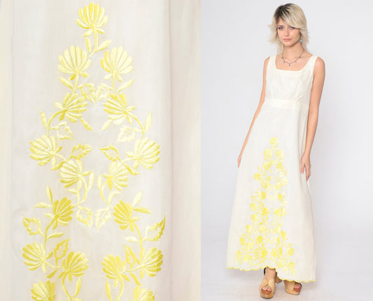 70s Floral Embroidered Maxi Dress Cream Sleeveless High Waist Small
