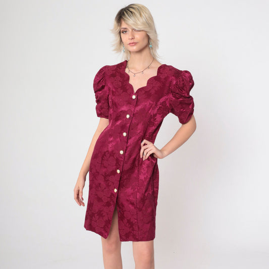 80s Burgundy Floral Brocade Mini Dress Pearl Buttons Puff Sleeve Medium