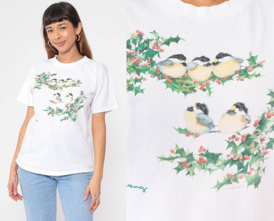 90s Solvang Chickadee Holly Graphic T-Shirt White Cotton Single Stitch Medium